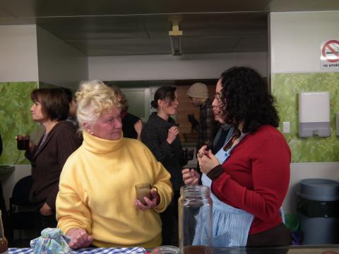 Joy and Ruth discussing fermentation over afternoon tea